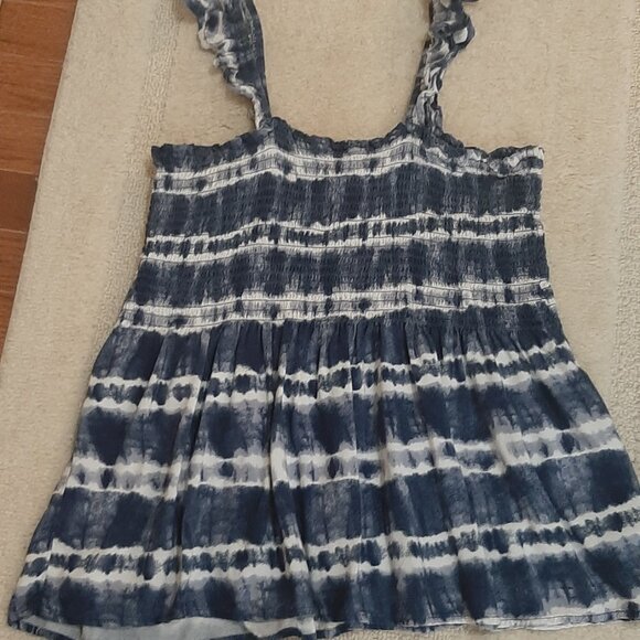 Shirred elastic stretch fit bodice, flowing bottom, Navy Blue print Babydoll top - Picture 3 of 7